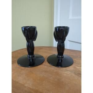 Duncan & Miller Vintage Black Glass Rocket Pattern Pair Of Candleholders